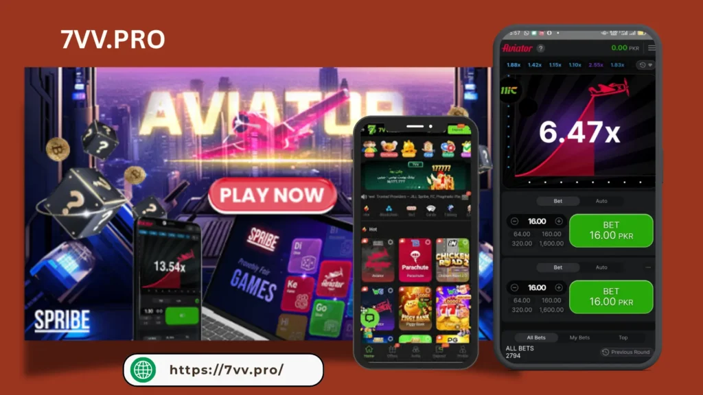 Promotional image for 7VV.PRO showcasing the Aviator game and multiple mobile screens displaying the 7VV gaming app interface. The banner features “PLAY NOW” button, popular games like Parachute and Chicken Road 2, and highlights the official website link https://7vv.pro
.
